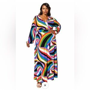 LIVD Vacanza Colorful Long Sleeve V-Neck Maxi Dress Size 1XL
